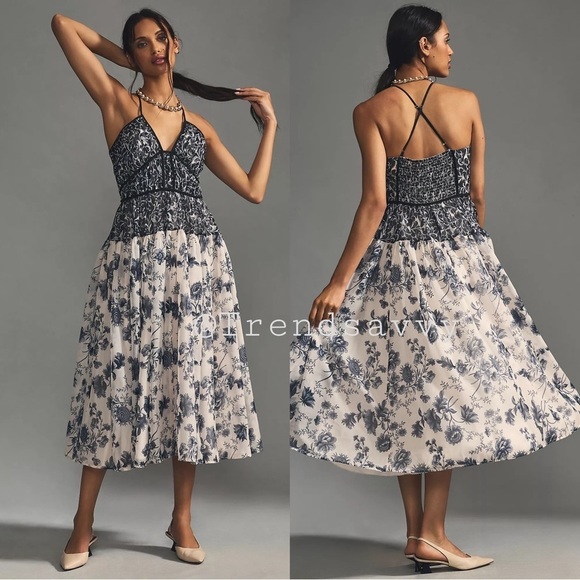 ANTHROPOLOGIE Gathered V-Neck Halter Midi Dress Floral Smocked Black White NWT
